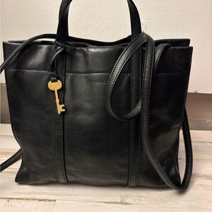 Fossil Black Leather Crossbody Tote with Gold Key Charm